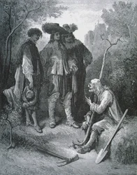 Illustration für Der alte Mann und die drei jungen Männer, aus Fabeln von Jean de La Fontaine