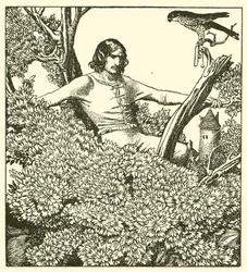 Sir Launcelot klettert, um den Falken der Dame zu fangen