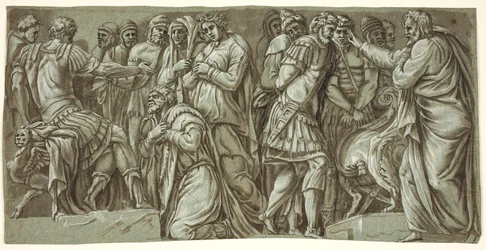 Die Familie des Darius vor Alexander und eine Szene mit Gefangenen; von der Fassade des Palazzo Milesi