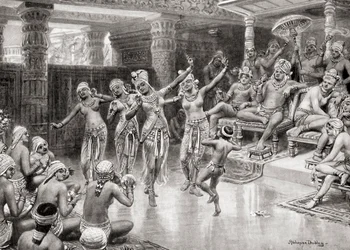 Eine Künstlerimpression aus dem 19. Jahrhundert von Gautamiputra Satakarani, der seinen Sieg über Nahapana feiert, aus Hutchinsons Geschichte der Nationen, veröffentlicht 1915