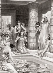 Gäste, die zum Abendessen im alten Ägypten ankamen, erhielten Wasser, um ihre Füße und Hände zu waschen, wurden mit duftendem Öl gesalbt und mit Blumenkränzen gekrönt, aus Hutchinsons Geschichte der Nationen, veröffentlicht