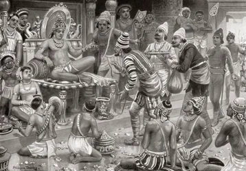 Pulakeshin II., der Chalukaya, empfängt Gesandte aus Persien in Badami, aus Hutchinsons Geschichte der Nationen, veröffentlicht 1915