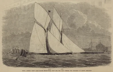 Segelwettbewerb des Royal London Yacht Club, die Romp und die Julia passieren die Flaggenboje in North Woolwich