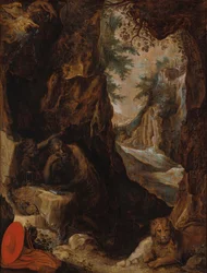 Der heilige Hieronymus in einer Landschaft mit einer Höhle