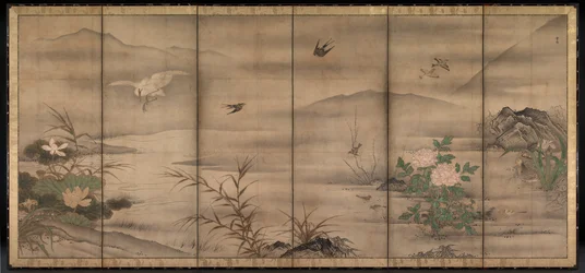 Vögel und Blumen in einer Landschaft der vier Jahreszeiten