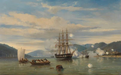 HMS dampfbetriebenes Schlachtschiff Medusa öffnet die Shimonoseki-Straße