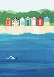 Bunte Strandhütten Ozeanschwimmen