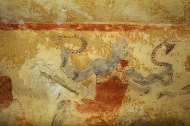 Blauer Dämon mit Schlangen, Fresko, Grab der Blauen Dämonen, Nekropole von Tarquinia (UNESCO-Welterbeliste, 2004), Latium, Italien. Etruskische Zivilisation, 5. Jahrhundert v. Chr. (Foto)