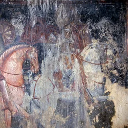Heiliger zu Pferd, Fresko in der Kirche in Palaia Roumata, Kreta, Griechenland (Foto)
