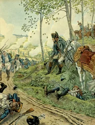 Italienfeldzug (1799-1800): Napoleon I. Bonaparte (1769-1821) in der Schlacht bei Marengo am 14. Juni 1800 im Piemont (Italien), in der sich die napoleonischen und österreichischen Armeen gegenüberstanden. Illustration von Jacques Marie Gaston Onfray de