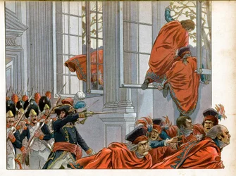 Konsulat: Joachim Murat (1767-1815) betritt die Kammer des Rates der Fünfhundert mit 50 Männern, um die Senatoren während des Staatsstreichs vom 18. Brumaire (9.11.1799) zu vertreiben, der das Direktorium beendete und das Konsulat einführte