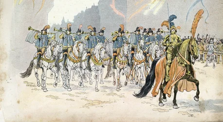 Einzug von König Karl VI. (1368-1422) in Paris begleitet von dreißig Trompeten. in 