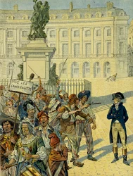 Französische Revolution 1789: Napoleon I. Bonaparte (1769-1821) von der Menge der Sansculotten am 10. August 1792 in der Nähe der Statue von Ludwig XIV. (1638-1715) von Desjardins bedroht, bevor sie gestürzt wurde, Place des Victoires in Paris. Illustratio