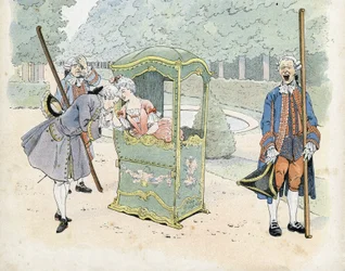 Französische Galanterie im 18. Jahrhundert: ein junger Mann küsst die Hand einer Frau in einem Rollstuhl. in „Frankreich, seine Geschichte erzählt von G. Montorgueil, illustriert von Job“ 1896. Private Sammlung