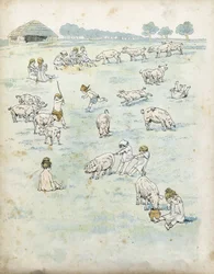 Gallische Kinder spielen mit Schweinen auf einem Feld. in „France, his story told by G. Montorgueil, imagee by Job“ 1896. Private Sammlung