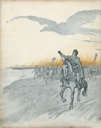Gallischer Krieg: Gaius Julius Caesar (100-44 v. Chr.) und seine Armee dringen in Gallien ein. Der Schatten eines Adlers, Symbol des Römischen Reiches, erscheint am Himmel. In „Frankreich, seine Geschichte erzählt von G. Montorgueil, illustriert von Job“ 1