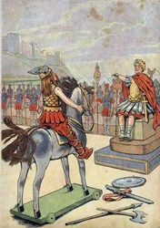Geschichte Frankreichs. Szene des römischen Galliens mit Spielzeug: Gallischer Anführer Vercingetorix (72-46 v. Chr.) geht nach der Schlacht von Alesia im Jahr 52 v. Chr. zum römischen Anführer Julius Caesar (100-44 v. Chr.). In 