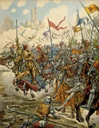Geschichte Frankreichs im Mittelalter: König Ludwig XI. genannt der Kluge (1423-1483) an der Spitze seiner Armee während der Schlacht von Montlhéry gegen die Ligue du Bien Public, 16. Juli