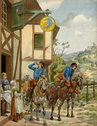 Geschichte Frankreichs im Mittelalter: Postdienst unter der Herrschaft von König Ludwig XI. genannt der Kluge (1423-1483). Poststation zu Pferd an einem Gasthaus. Illustration von Jacques Marie Gaston Onfray de Bréville dit JOB (1858-1931)