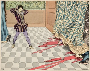 Illustration aus dem Buch „Le bon roy Henri“, illustriert von Jacques Marie Gaston Onfray de Breville dit JOB (1858-1931): Am Tag des Heiligen Bartholomäus werden seine beiden Freunde, Segur und La Rochefoucauld, vor seinen Augen ermordet - Private Sammlun