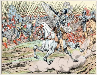 Illustration aus dem Buch „Le bon roy Henri“, illustriert von Jacques Marie Gaston Onfray de Breville dit JOB (1858-1931): Henri IV vor seiner Armee: Folge meiner weißen Feder - Private Sammlung