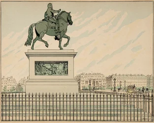 Illustration aus dem Buch „Le bon roy Henri“, illustriert von Jacques Marie Gaston Onfray de Breville dit JOB (1858-1931): Statue errichtet zum Gedenken an Heinrich IV. - Privatsammlung