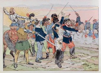 Jacques Marie Gaston Onfray de Breville dit JOB (1858-1931); Illustration aus dem Buch „Les épées de France“: Allegorie der Ruhm Frankreichs für die Soldaten von 1914; Privatsammlung