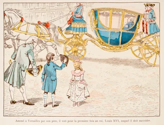 Napoleon Bonaparte wird von seinem Vater nach Versailles gebracht und sieht König Ludwig XVI. zum ersten Mal im Jahr 1770, Private Sammlung