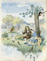 Jean de La Fontaine (1621-1695) spricht mit einem jungen Mädchen. Um sie herum sind Tiere aus den Fabeln des Dichters: Wolf, Lamm, Storch, Schildkröte, Ratte, Frosch, Hase, Fuchs, Rabe... in „Frankreich, seine Geschichte erzählt von G. Montorgueil, illustr