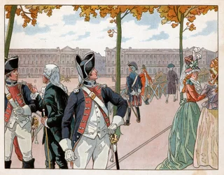 Joachim Murat (1767-1815) und Bessières in Paris im Jahr 1791 in der Uniform der konstitutionellen Garde des Königs. Gravur von Jacques Marie Gaston Onfray de Breville dit Job (1858-1931)