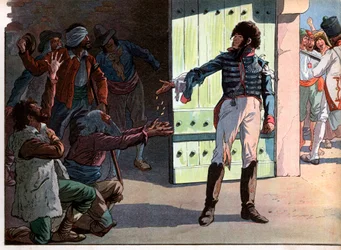 Joachim Murat (1767-1815), entthronter König von Neapel, Gefangener in der Festung des Hafens von Pizzo, verteilte sein Geld an gefangene Banditen mit ihm im Jahr 1815. Gravur von Jacques Marie Gaston Onfray de Breville dit Job (1858-1931)