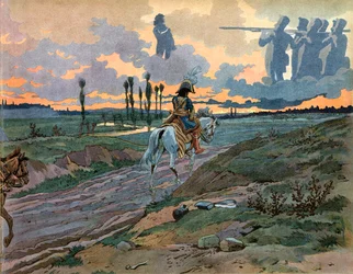 Joachim Murat (1767-1815) kehrte nach der Niederlage von Leipzig 1813 nach Neapel zurück. Gravur von Jacques Marie Gaston Onfray de Breville dit Job (1858-1931)