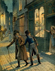 Louis Antoine Fauvelet de Bourrienne und Napoleon I. Bonaparte inkognito in den Straßen von Paris. Illustration von Jacques Marie Gaston Onfray de Breville, genannt JOB