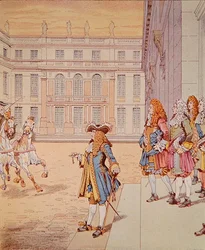 Ludwig XIV. im Hof von Versailles, der seinen berühmten Satz 