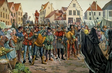 Maria von Burgund (1457-1482), Herzogin von Burgund, forderte 1477 Gnade für ihre Berater. Illustration von Jacques Marie Gaston Onfray de Breville dit JOB (1858-1931) in „Louis XI“
