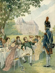 Napoleon I. Bonaparte bei einem Mittagessen in den Gärten des Schlosses von Malmaison. Illustration von Jacques Marie Gaston Onfray de Breville, genannt JOB
