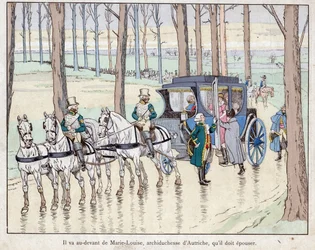 Napoleon trifft Erzherzogin Marie-Louise von Österreich - 1810 - Lithografie von Job (Jacques Onfroy de Bréville) aus „Le Grand Napoléon des Petites Enfants“ 1893.