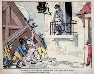 Napoleon sammelt seine Soldaten in Grenoble bei seiner Rückkehr von der Insel Elba - Die Stadt Grenoble öffnet Napoleon bei seiner Rückkehr aus dem Exil auf Elba am 7. März 1815 ihre Tore - Lithografie von Job (Jacques Onfroy de Bréville) aus „Le Grand Nap