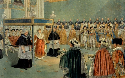 Darstellung der Krönung Napoleons I. (1769-1821) in der Kathedrale Notre-Dame de Paris am 02/12/1804. Illustration von Jacques Marie Gaston Onfray de Bréville, genannt Job (1858-1931). Privatsammlung