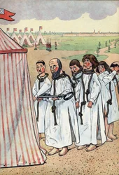 Szene aus der Geschichte Frankreichs in Spielzeugen: Die Bürger von Calais. Die Belagerung von Calais im Jahr 1347 und die Hingabe von Eustache de Saint-Pierre, dem bekanntesten der sechs Bürger von Calais, der zum König von England, Edward III., ging, um 