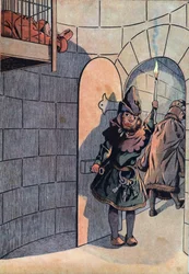 Szene aus der Geschichte Frankreichs mit Spielzeug: Verschwörung gegen König Ludwig XI. (1423-1483) mit Charles dem Kühnen, Jean Balue (1421-1491) wurde 11 Jahre lang in einer der Eisernen Käfige von König Ludwig XI. eingesperrt am 23. April 1469. In „Jouj