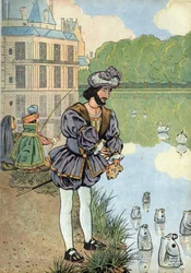 Szene aus der Geschichte Frankreichs mit Spielzeug: König von Frankreich Franz I. (1494-1547) gibt Brot an die Fische im Park von Fontainebleau. In „Joujoux à l