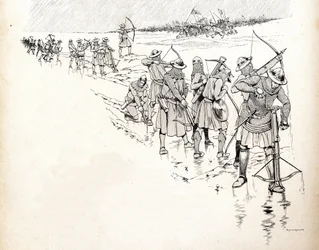 Der Regen setzt die Bogenschützen der Armee des französischen Königs Philipp VI. (1293-1350) außer Gefecht, indem er die Sehnen der Bögen während der Schlacht von Crécy im Jahr 1346 durchnässt. Illustration von Job (Jacques)