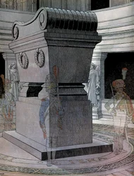 Das Grab von Kaiser Napoleon I. Bonaparte (1769-1821) in den Invaliden mit Geisterwachen. In „Napoleon“ von Georges Montorgueil. Illustration von Jacques Marie Gaston Onfray de Breville, genannt JOB (1858-1931)
