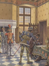 Karl der Kühne, Herzog von Burgund, legt König Ludwig XI. einen Vertrag vor und fordert ihn auf, ihn zu unterzeichnen