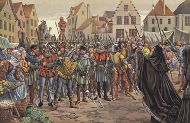 Maria, Herzogin von Burgund, bittet das Volk von Gent um das Leben zweier Räte ihres Vaters, die mit König Ludwig XI. von Frankreich korrespondiert hatten