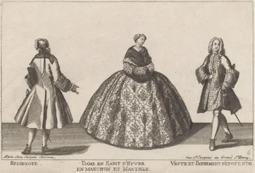 Redingote/Dame im Winterkleid mit Muff/Weste und Besatz aus Goldstoff