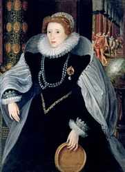 Siebporträt von Königin Elizabeth I. im zeremoniellen Kostüm, ca. 1583